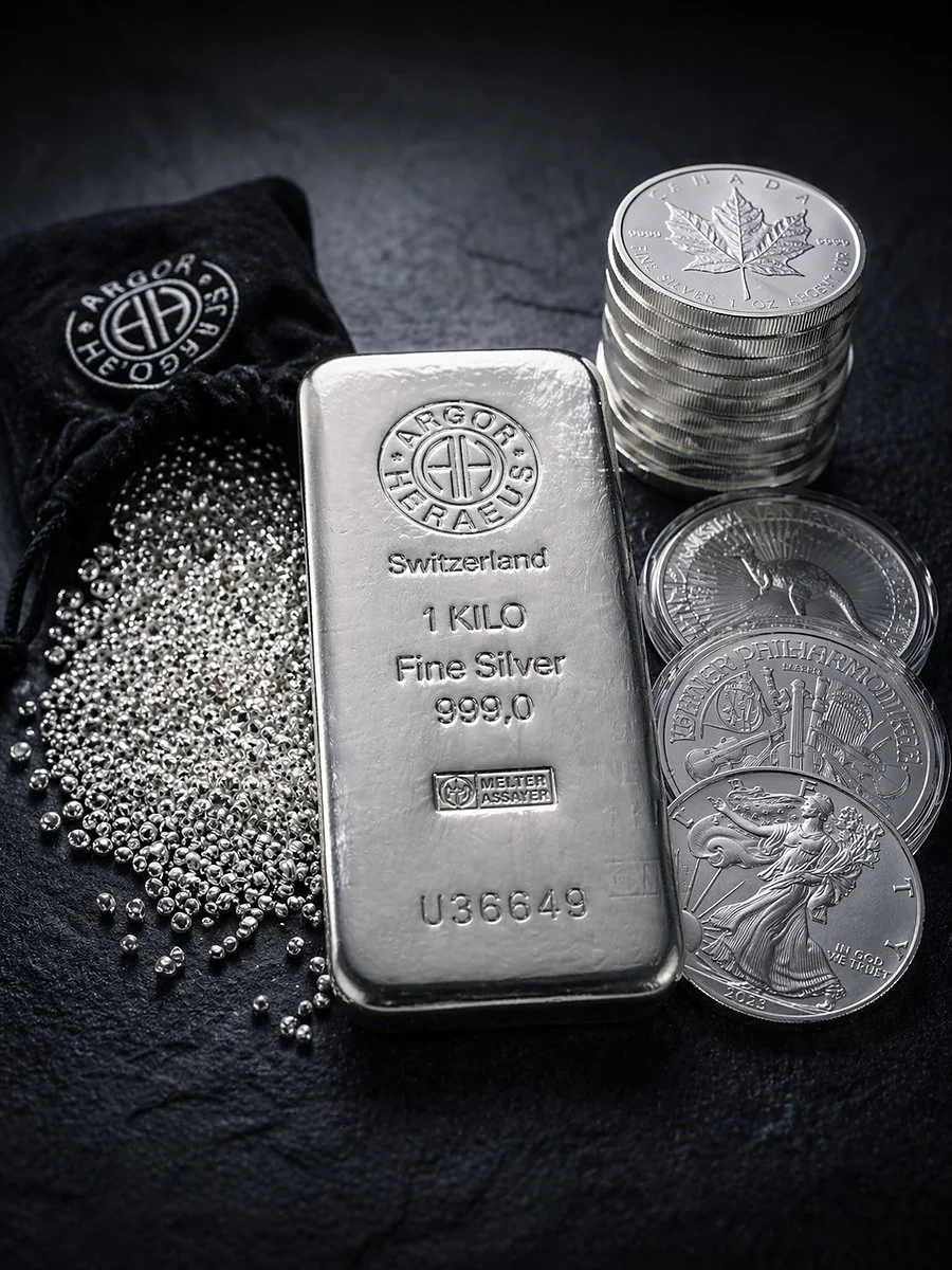 Silver bars grains and coins